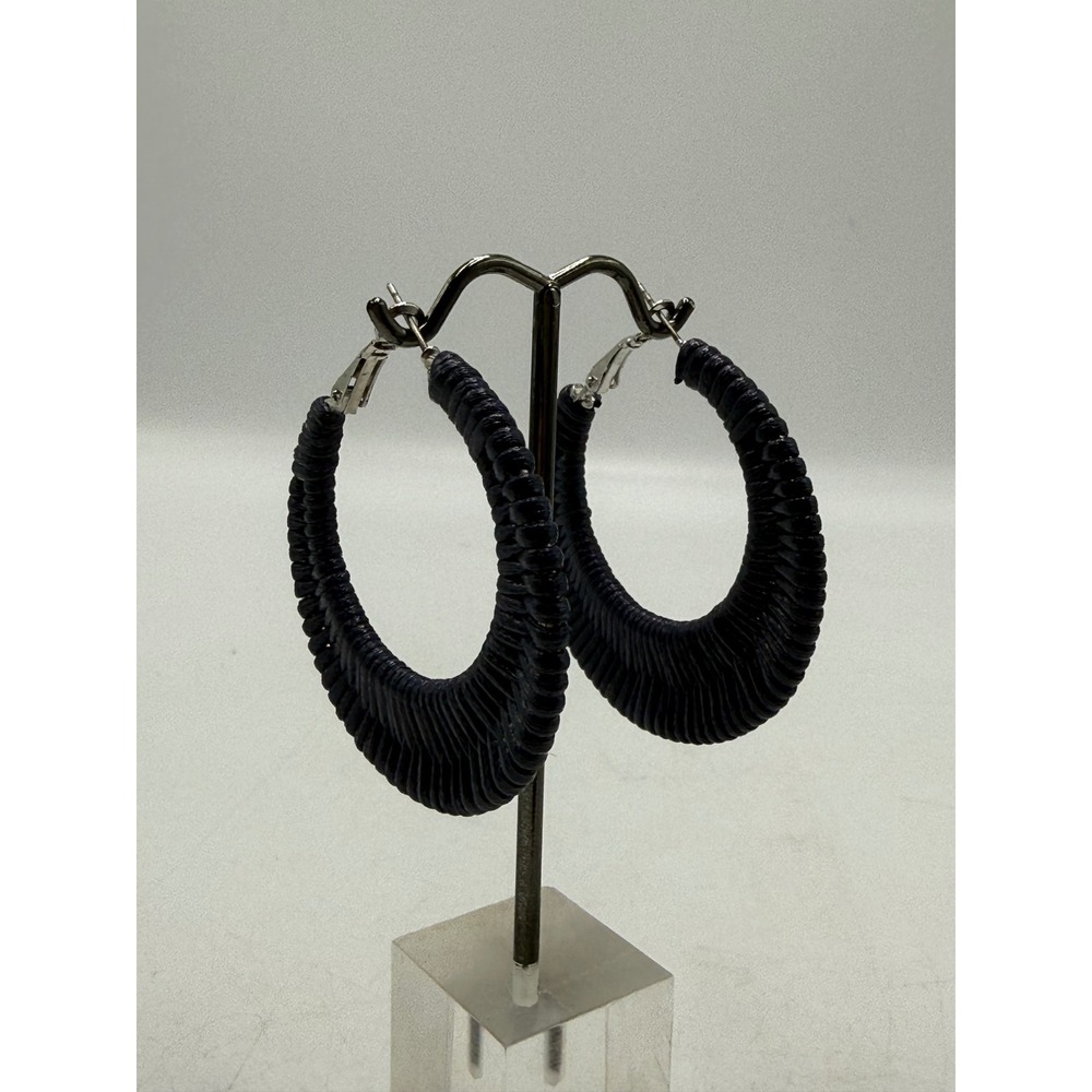 Navy Blue Cord Wrapped Hoop Earrings Textured Crescent Statement Hoops